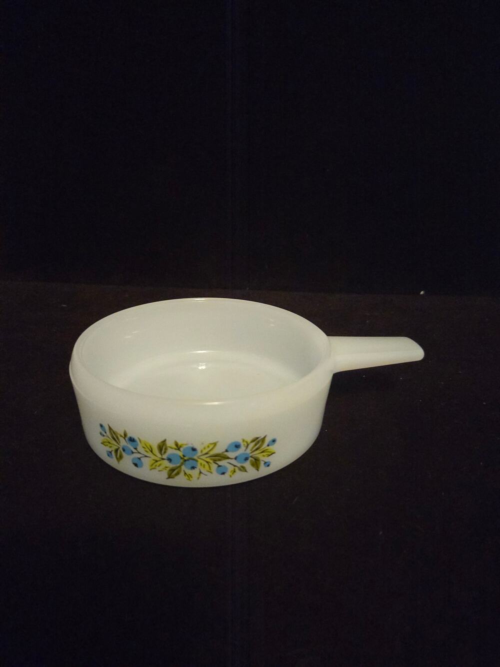 Vintage Jeannette Glass Glasbake milk glass handled bowl